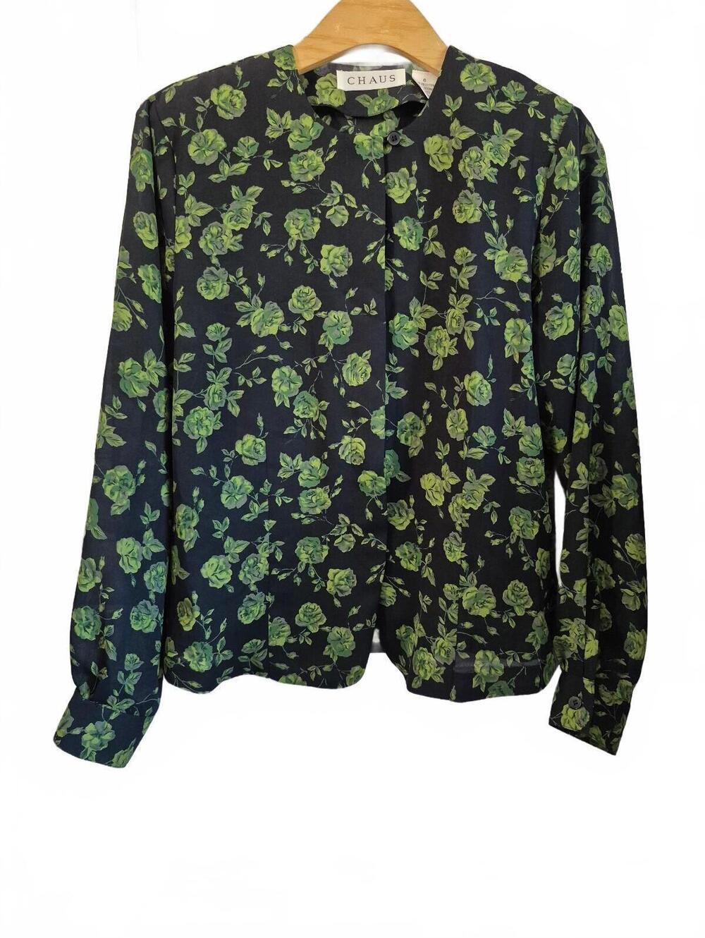 Vintage Chaus Black & Green Floral Blouse Size 6 – Vintage Chaus Long Sleeve